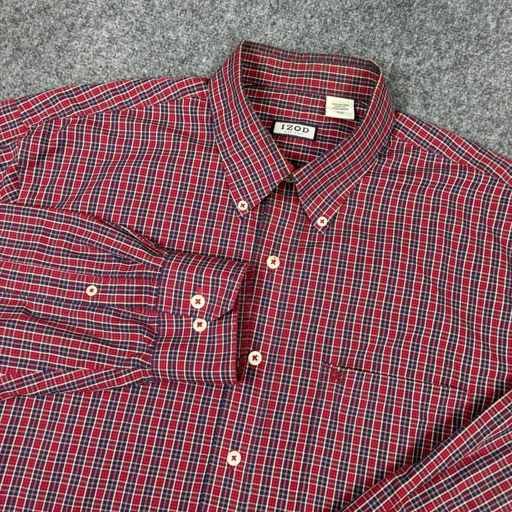 Izod Mens Size Large Red Navy Blue Plaid Cotton Button Down Long Sleeve Shirt